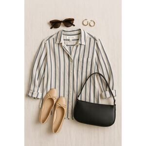 Cloth & Stone Anthropologie Cotton White Blue Stripe Button Down Shirt Women Med